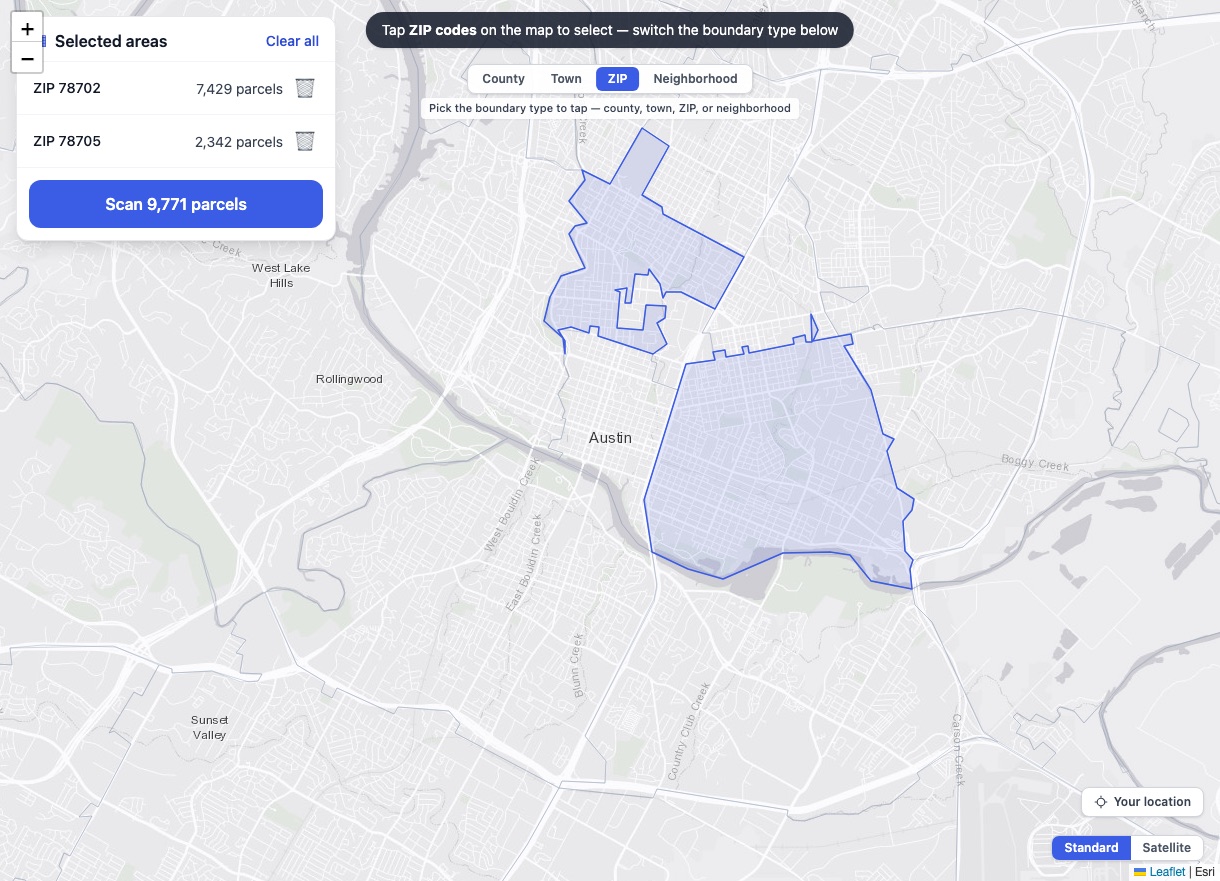 Two Austin ZIP boundaries selected on the Plat area map, 9,771 parcels ready to scan